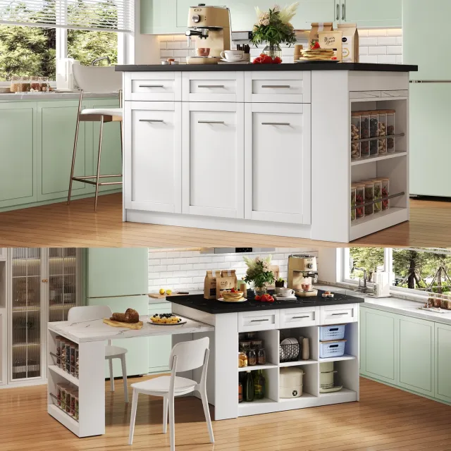 Wishdor Eettafel - Uitschuifbaar keukeneiland met opbergruimte en lades - Modern - Voor keuken en eetruimte - Houtlook marmerlook - Wit - 150 x 90 x 90 cm