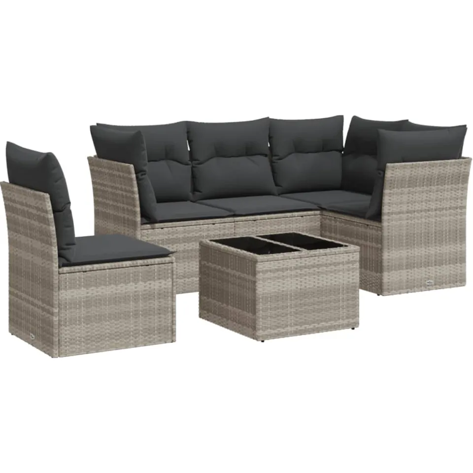 vidaXL 6-delige Loungeset met kussens poly rattan lichtgrijs