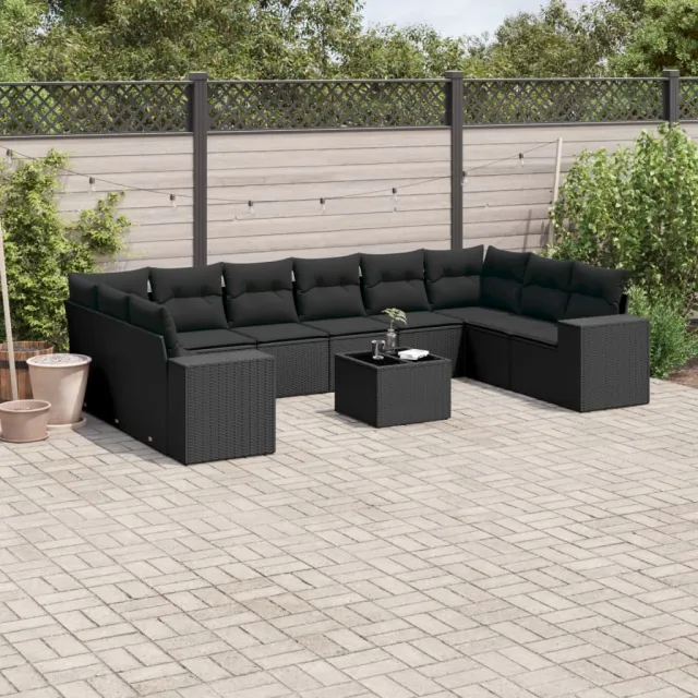 vidaXL 11-delige Loungeset met kussens poly rattan zwart, foto 2