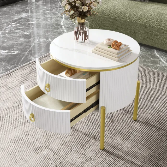 Clruro Salontafel - Verstelbaar met Laden - Marmerlook en Gouden Poten - MDF - Wit Goud