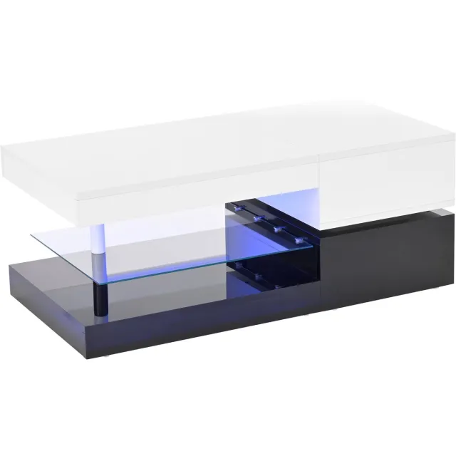 MODFU Salontafel 90x45x35,5 cm van PB-plaat & gehard glas, met LED-sfeerverlichting en app-besturing Wit