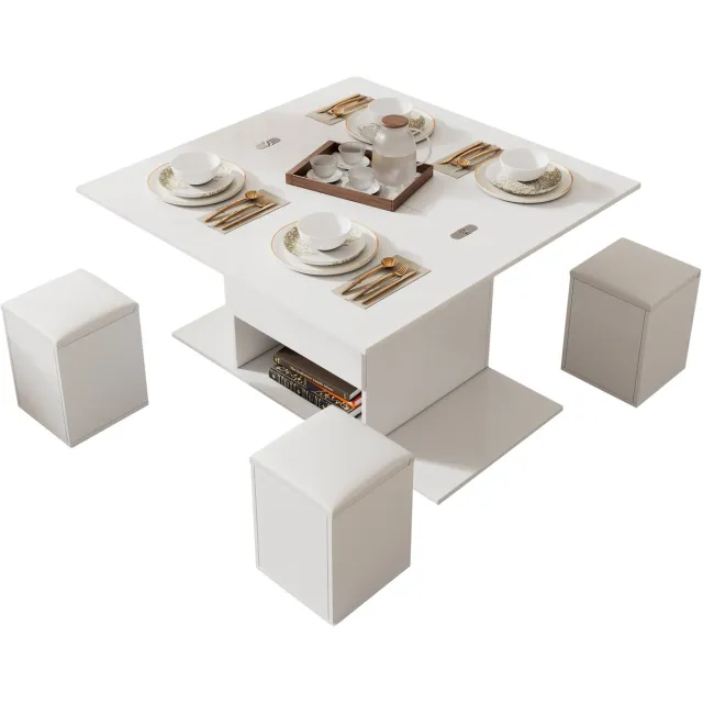 MUVANO Salontafel in hoogte verstelbaar - Multifunctioneel - Lift-top - Opbergruimte - 3-in-1 - 4 krukjes - Wielen - Hout - Woonkamer - 100x100x63,5cm - Eettafel - Wit