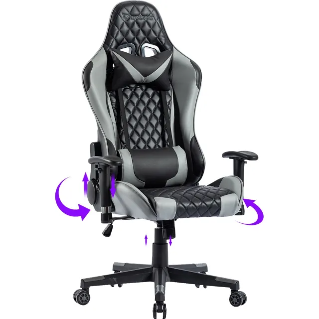 FOXSPORT Gaming Chair - Bureaustoel - Game Stoel - Gaming Stoel - In Hoogte Verstelbaar 48 tot 58 CM - Met Nekkussen & Verstelbaar Rugkussen - Kunstleer - Zwart/Grijs zwart&grijs