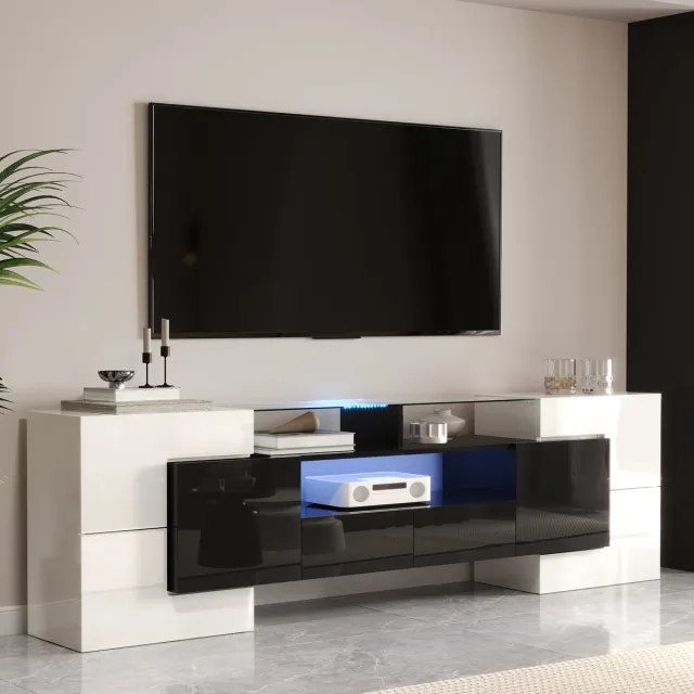 FloraGrace Tv Meubel - Hoogglans Met Led Verlichting En Veel Opbergruimte - Voor Woonkamer - Spaanplaat Wit Zwart - 200x35x60 Cm
