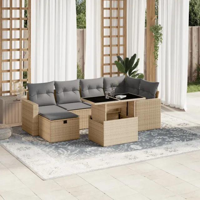 vidaXL 7-delige Loungeset met kussens poly rattan beige, foto 2