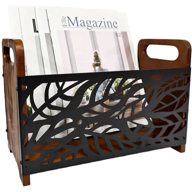 Unyqoos Decoratieve houten tijdschriftenhouder met boombladontwerp voor diverse ruimtes Bruin