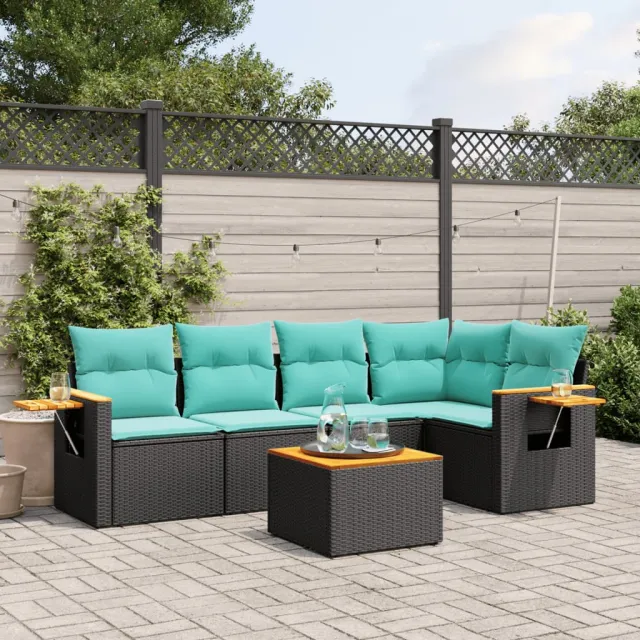 vidaXL 6-delige Loungeset met kussens poly rattan zwart, foto 2