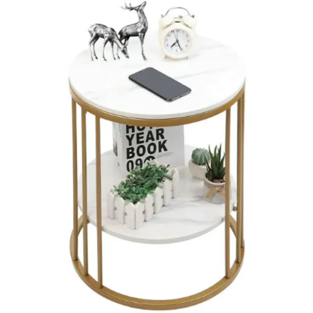 LabelOne Salontafel - Bijzettafel - Salontafel Rond - Salon Tafel - 2-laags - wit marmerlook - gouden metalen frame - 40x40x54cm