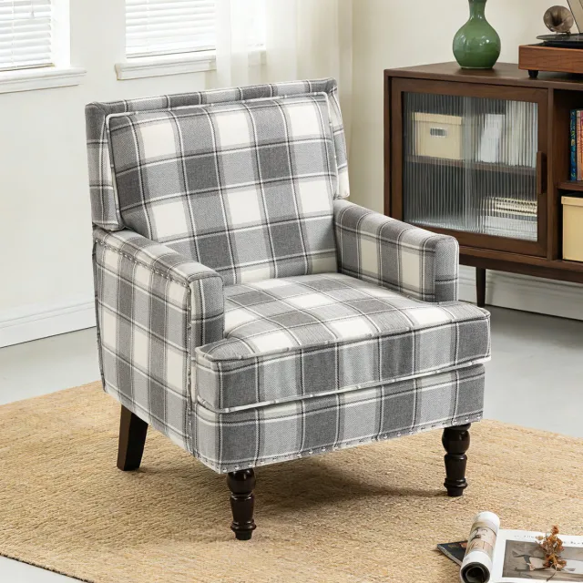 MODFU Fauteuil-Vintage-Geruit-Armleuningen-Houten Poten-Wit Grijs