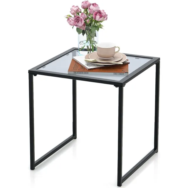 KOMFOTTEU Bijzettafel voor buiten met tafelblad van gehard glas, salontafel, metalen frame, draagvermogen 30 kg, zijtafel voor terras, balkon, woonkamer, 43 x 43 x 45 cm, zwart
