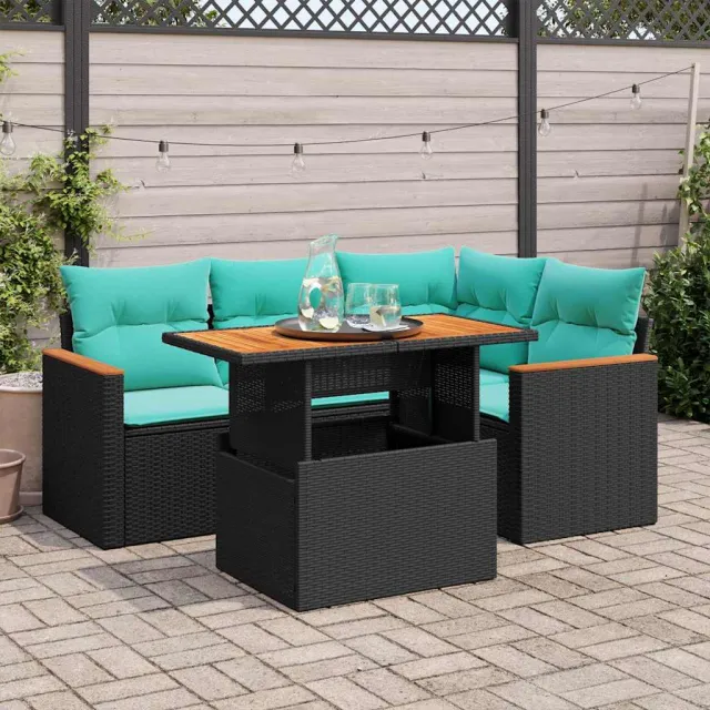 vidaXL 5-delige Loungeset met kussens poly rattan zwart, foto 2