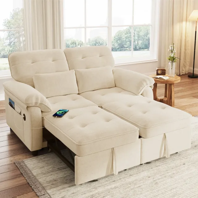 Sweiko Tweezits Slaapbank - Verstelbare rugleuning - Opklapbare bank - Met USB-aansluiting - 2 kussens - Chenille - Beige