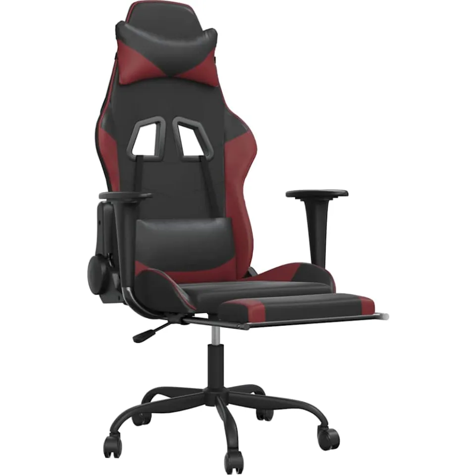 vidaXL Massage gamestoel met voetensteun kunstleer zwart en wijnrood