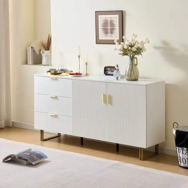 Zubaliya Modern sideboard - 160x40x75 cm wit-goud - 2 deuren, 3 lades, gouden aluminium grepen - Stevige stalen poten, duurzaam MDF - Geschikt voor woonkamer, eetkamer en hal