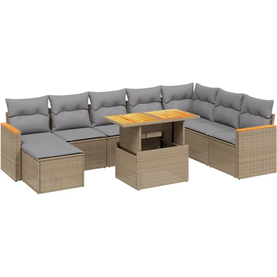 vidaXL 9-delige Loungeset met kussens poly rattan beige