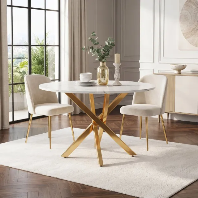 OKWISH Eettafel Ronde Tafel 80 Cm Marmorlook Met Goudkleurige Metalen X Poten Modern Minimalistisch Wit Gold En Compact Voor Woonkamer Keuken Goud+Wit