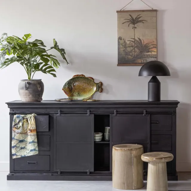 Mahom Mangohouten Dressoir Newark Black 160 cm Dubbele Deurtjes Mahom Industrieel - Dressoir van Mangohout & Metaal - Industriële Dressoir Bruin
