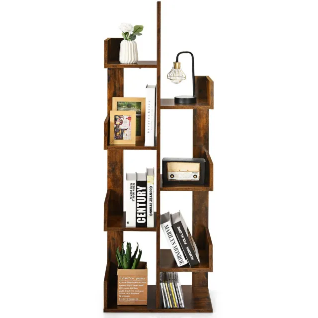 Costway Boekenkast in boomvorm, staand rek met 8 vakken, plank, opbergrek voor woonkamer, slaapkamer, kantoor, 50 x 25 x 145 cm (vintage bruin) Rustiek Bruin