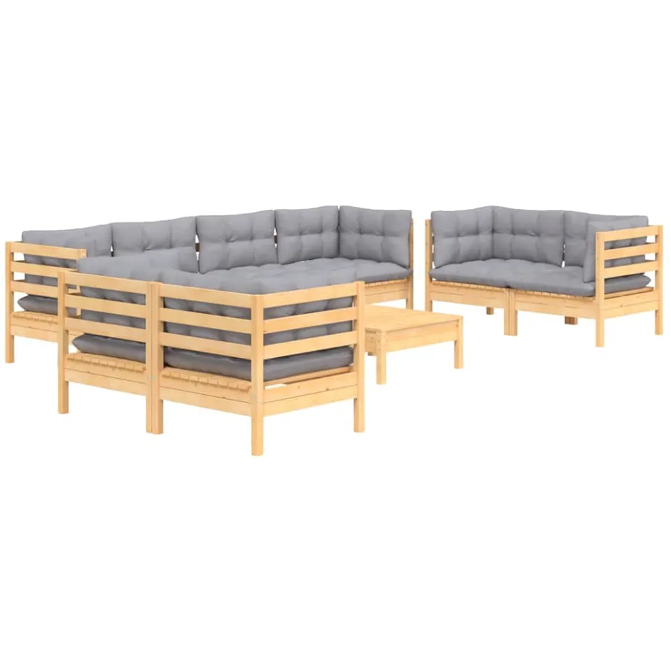 vidaXL 9-delige Loungeset met grijze kussens massief grenenhout Grijs