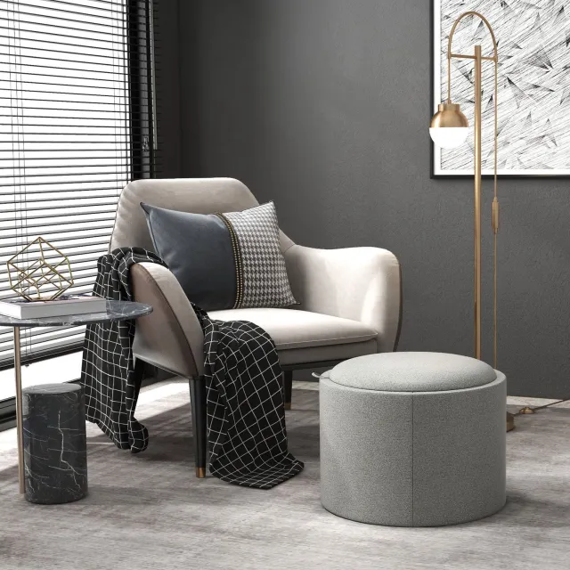 DESMIU Poef 56 x 56 x 42 cm - Rond met Opbergruimte en Omkeerbaar Deksel - voor Woonkamer en Slaapkamer - MDF en Linnenlook - Grijs