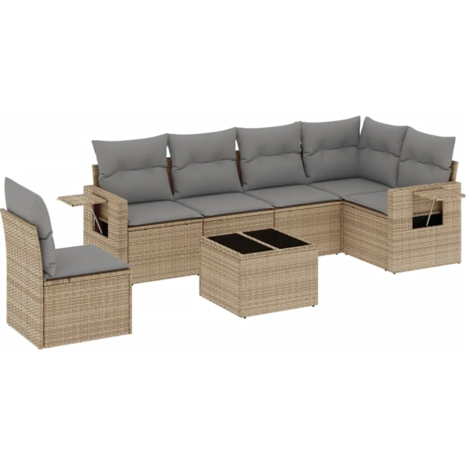 vidaXL 7-delige Loungeset met kussens poly rattan beige