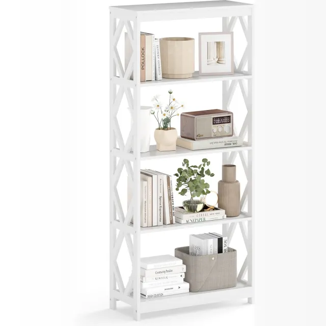 Costway Boekenkast, 5 verdiepingen, open houten rek met ruitvormige structuur, staand rek, wit, vrijstaand opbergrek voor keuken, woonkamer en slaapkamer, 70 x 30 x 155 cm