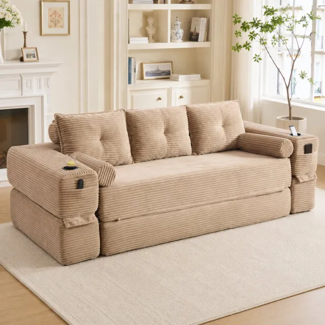 COVREO Slaapbank 232x98x80 cm khaki, corduroy, 3-zits uitklapbaar
