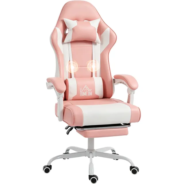 MUVANO Gamestoel met vibrerend lendenkussen - Uitschuifbare voetensteun - Rugleuning tot 155 graden - Zithoogte 48-56 cm - Voor werken en gamen roze en wit