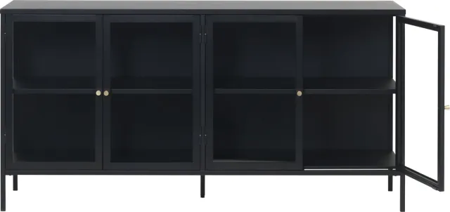 Hygge Interiors Dressoir Carmel - metaal en glas zwart - 170x40x85 cm - 4 deuren Zwart Zwart