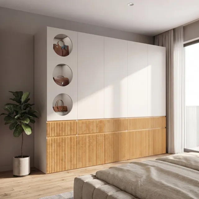 Wishdor Kledingkast met 10 draaideuren - 2 roedes en 3 laden - Kastdeel links of rechts - Geribbelde fronten - Slaapkamer hal - MDF en bewerkt hout - Lichte eikenkleur en grijs - 225 x 50 x 200 cm Licht eiken en grijs