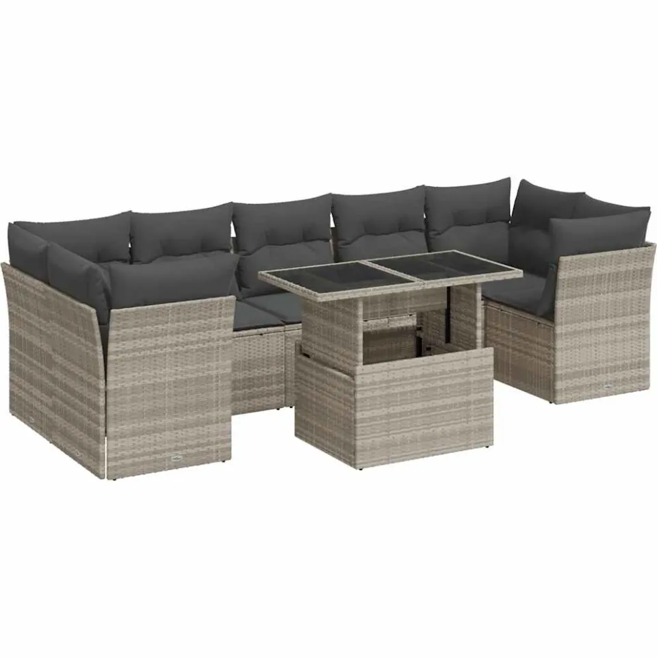 vidaXL 8-delige Loungeset met kussens poly rattan lichtgrijs grijs, foto 3