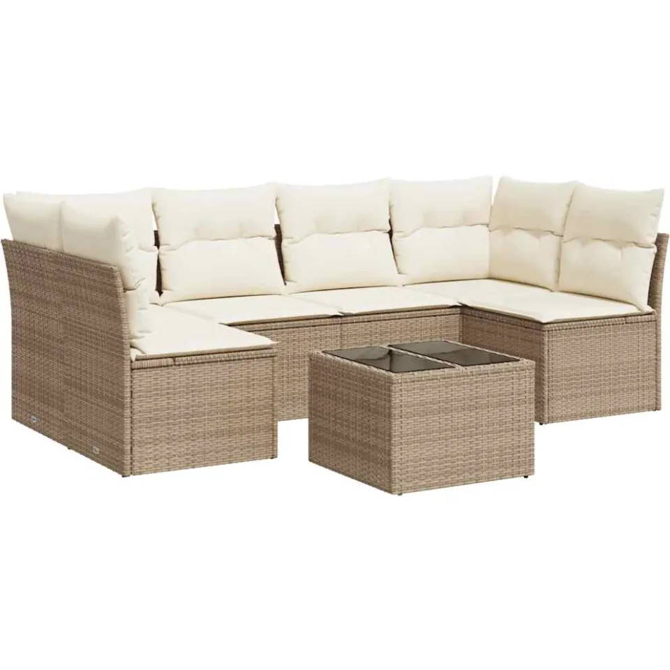 vidaXL 7-delige Loungeset met kussens poly rattan beige