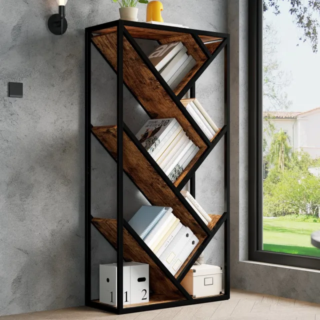 OKWISH Boekenkast Boomdesign – 80 x 35 x 160 cm – MDF en Metaal – Zwart Bruin – Open Opbergrek met Kantelbeveiliging