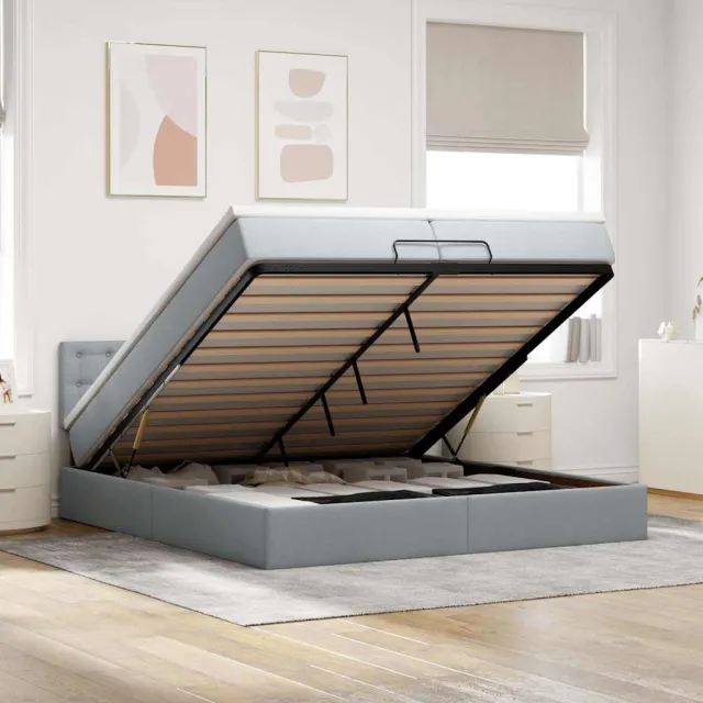 vidaXL Ottoman bed met matrassen en LED's 200x200cm stof lichtgrijs grijs