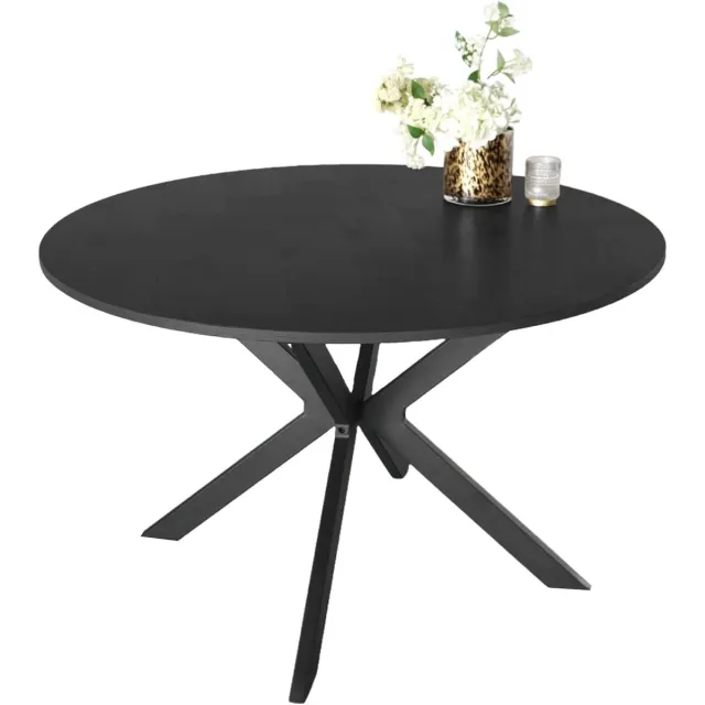 House&Garde Industriële Ronde Eettafel Ozzy Zwart Visgraat – Luxe Eiken Look Tafel van MDF met Metaal – Ø 120 cm x 76 cm – Modern Design voor 4-5 Personen