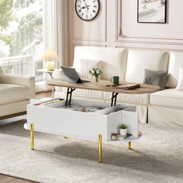 STILVORA Salontafel - In Hoogte Verstelbaar Tafelblad Met Verborgen Opbergruimte - Voor Woonkamer - MDF Wit;Naturel - 120x50x43 Cm