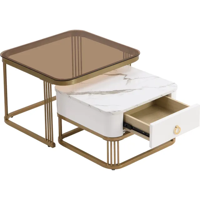 MODFU Set van 2 salontafels 60*60*42,5+50*50*34 (cm) MDF & metaal, hoogglans marmer en bruin glas, nestbaar Wit