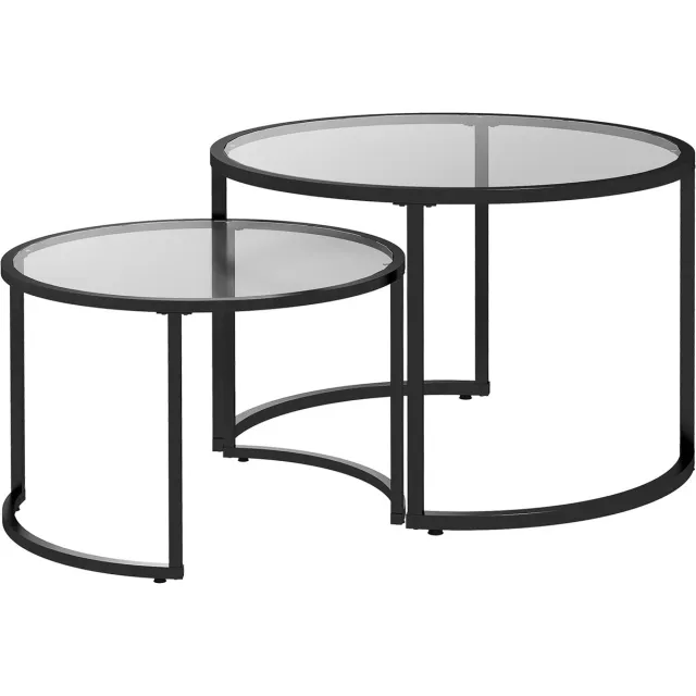 Homona Salontafelset - Set van 2 - Stapelbaar - Met glazen blad en stalen frame - Ø70 x 47,5 cm en Ø54 x 42,5 cm - Zwart
