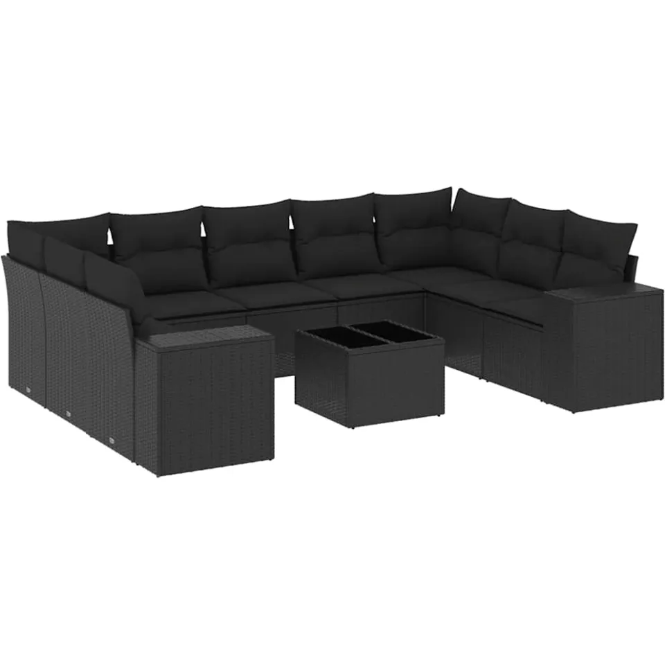 vidaXL 10-delige Loungeset met kussens poly rattan zwart, foto 3