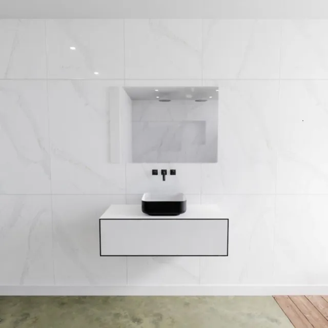 Mondiaz Badkamermeubelset Mondiaz LAGOM 100 cm Topblad met Gecentreerde Wastafel Solid Surface Opzetkom Binx Zonder Kraangat Mat Zwart (1 lade)