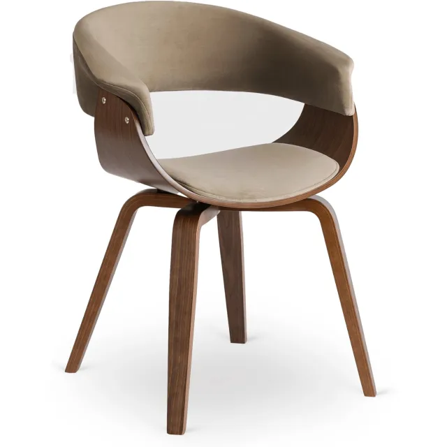 Mebel Elite GARY - Eetkamerstoel - Beige fluwelen bekleding - Notenhouten frame - Met armleuningen