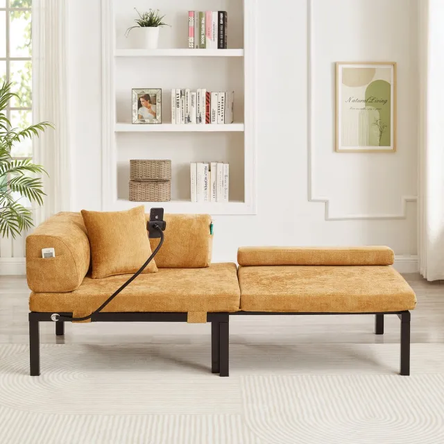 DESMIU Slaapbank 176x81 cm – 1-zits Uitklapbare Bedbank Met Uitschuifbed – Ruimtebesparend Voor Woonkamer Of Werkkamer – Fluweel – Geel
