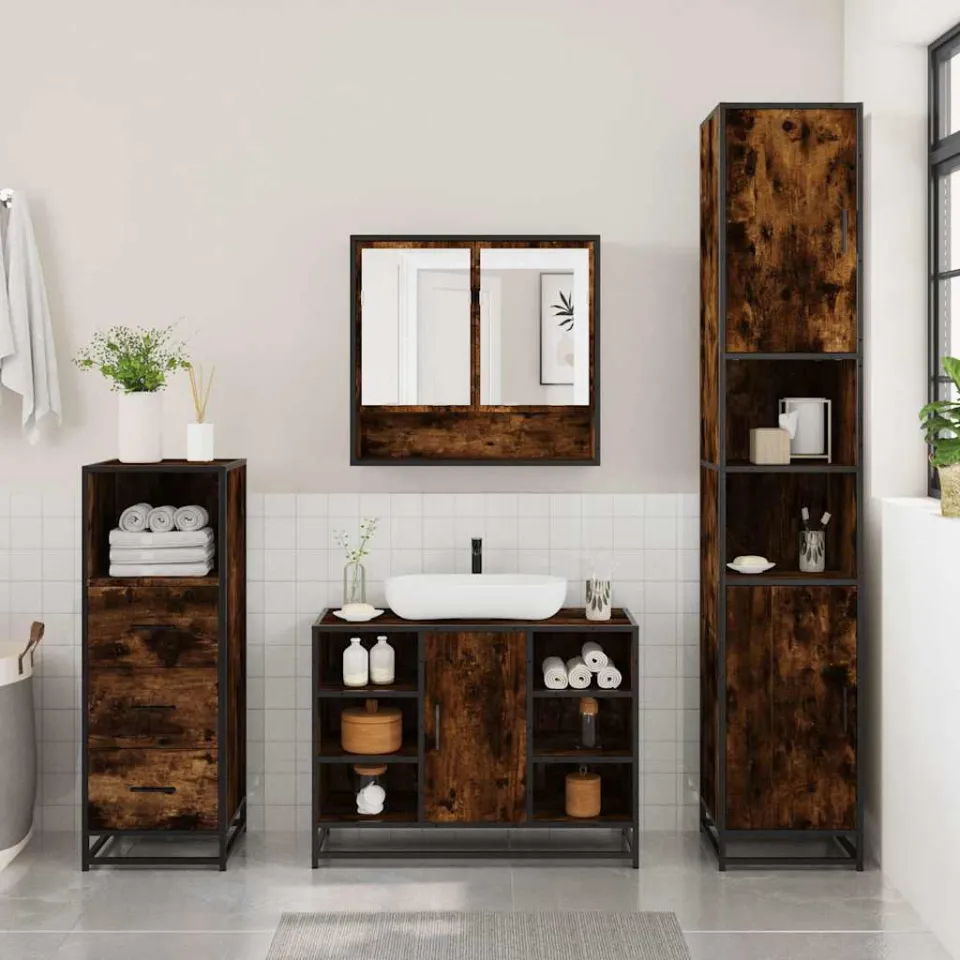 vidaXL 3-delige Badkamermeubelset bewerkt hout gerookt eikenkleurig, foto 2