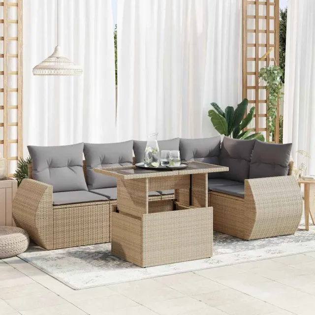 vidaXL 6-delige Loungeset met kussens poly rattan beige, foto 2