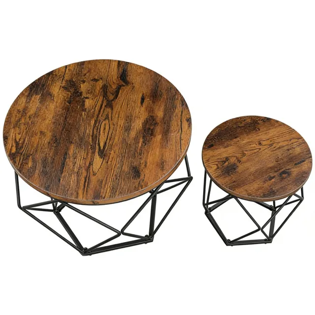 FANGDE Salontafel 2-delig, bijzettafel, koffietafel, nachtkastje, stevig en duurzaam met geometrische metalen onderstellen, geschikt voor woonkamer en slaapkamer, 50 x 50 x 40 cm + 40 x 40 x 36 cm, bruin + zwart.