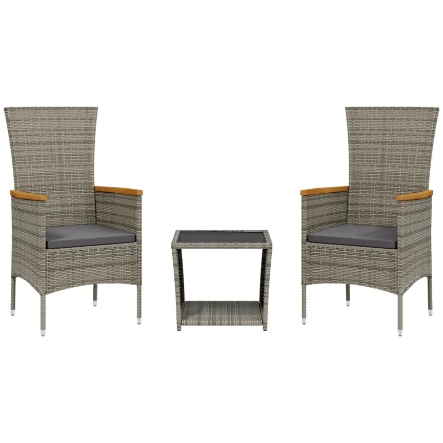 vidaXL 3-delige Tuinset met kussens poly rattan grijs, foto 3