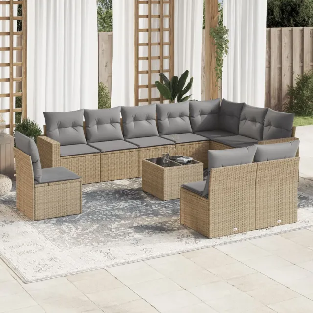 vidaXL 11-delige Tuinset met kussens poly rattan beige, foto 2