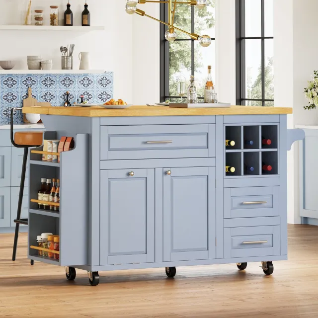 WUVRIE Keukenwagen 143x75x91 cm - Opklapbaar werkblad met lades en wijnmand - Blauw