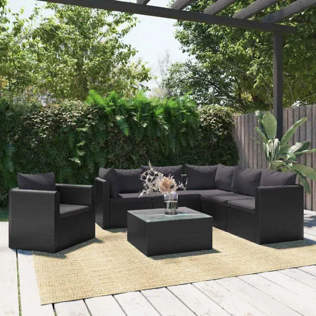 vidaXL 7-delige Loungeset met kussens poly rattan zwart