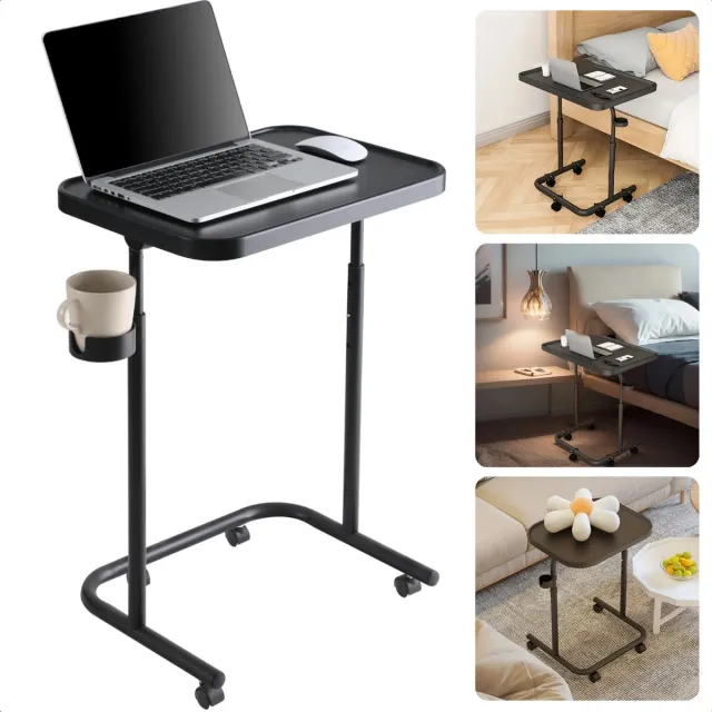 Cheqo Verstelbare Bijzettafel Op Wieltjes - Banktafel - Koffietafel - Sidetable - Laptoptafel - Laptop Tafel - Bijzet Tafel - Zwart MDF - Kantelbaar